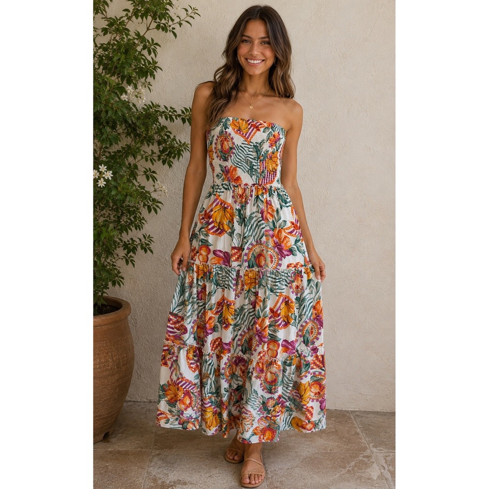 Abel the Label Tropical Fruit Floral Smocked Strapless Tiered Maxi Dress Medium